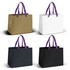 Medium ribbon handle paper bags in gold, white, and two shades of black, featuring purple handles.