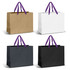 Large ribbon handle paper bags in brown, white, and black with purple handles, featuring a logo on each bag.