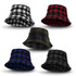 A collection of Fiordland bucket hats in black and white, red, green, blue, and solid black plaid patterns.
