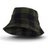 A green and black checked Fiordland bucket hat with a wide brim and a logo.