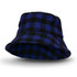 A blue and black checkered bucket hat with a wide brim, featuring a subtle logo on the exterior.
