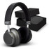 A pair of grey wireless headphones with a black cushioned headband, accompanied by a black box.