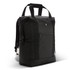 A black cooler totepac with carry handles, shoulder straps, and a front zippered pocket. It features a logo.