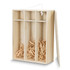 A wooden gift box with three compartments, filled with crinkled straw, featuring a rope handle.
