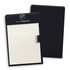 A black notepad holder featuring a lined notepad inside, with a logo on the front cover.