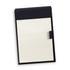 A black notepad holder featuring lined pages, styled for office use. It includes a closure and is sleek in design.