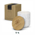 A NATURA candle with a white speckled holder and a bamboo lid, beside its eco-friendly packaging box.