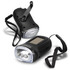 A black Dynamo Solar Torch with a pull-out handle and a wrist strap, featuring two bright LED lights.