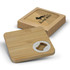 A drink bottle opener coaster set of two, featuring a square bamboo design with a stainless steel opener.