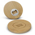 A round bamboo coaster featuring a bottle opener, with a natural wood finish and a logo engraved on the surface.