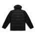 A black puffer jacket with a hood, featuring a quilted design and long sleeves. It has a logo on the back.