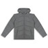 A grey puffer jacket with a hood, featuring a zip closure and a logo.