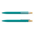 A metal pen in teal with a wooden clip, featuring a logo on the barrel.