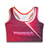 A custom women's athletics crop top in gradient shades of pink and purple, featuring a logo and sporty design.
