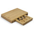 A rectangular bamboo cheese board with a drawer containing three cheese knives. The board features a smooth finish.