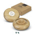 A bamboo brush with a circular design and a matching box, featuring natural tones and a logo.