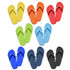 A collection of flip flops in various colours: yellow, orange, red, green, blue, black, and navy. Each pair features a simple design.