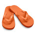 A pair of orange flip flops with a textured sole and a simple thong strap. Features a logo.