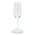 A clear glass champagne flute with a slender stem and wide base. It features a logo on the glass.