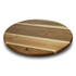 A wooden Lazy Susan featuring a circular design with a mix of light and dark wood stripes, branded with a logo.