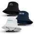 A set of three Yuma bucket hats in black, navy, and white, each featuring distinct logos and adjustable chin straps.
