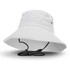 A white bucket hat with a wide brim and an adjustable chin strap, featuring a logo.