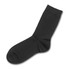 A black sock with a smooth texture, featuring a simple design and a logo.