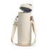 A cream wine cooler bag with a detachable strap and a soft inner lining, featuring a lid and leather accents.