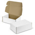 A white die cut box with a locking lid, featuring a plain brown interior, displayed open and closed.