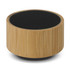 A bamboo Bluetooth speaker with a round design and black speaker mesh on top. It has a natural wood finish.