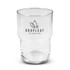 A clear glass tumbler featuring a logo, designed with a stackable shape, holds 460ml.