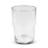 A clear stackable glass tumbler with a smooth, modern design, featuring a rounded upper section and a sturdy base.
