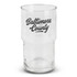 A clear stackable glass tumbler featuring a black logo. The glass has a cylindrical shape with a wider base.