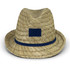 A straw fedora hat features a wide brim and a navy band, with a blank area for branding.