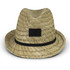 A straw fedora hat in natural tones with a black band and an empty label patch.