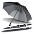 A black and grey double canopy umbrella with a sleek design and a logo. It is shown both open and folded.