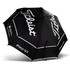 A black double canopy umbrella featuring a logo, with a sleek design and contrasting white accents.