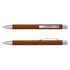 A metal pen with a brown body and silver accents, featuring a clip and a sleek design.