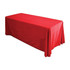 A red table cover throw drapes over a rectangular table, providing full coverage and a smooth finish.
