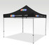 A black marquee tent with a sturdy frame, featuring a branding logo on the top.