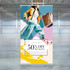 A promotional pull-up banner featuring vibrant pastel colours and an image of a person carrying shopping bags.