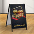 A black 600x900 insertable A-frame sign displaying a promotional design for a grand opening event.