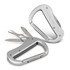 A silver carabiner multi-tool featuring scissors, a screwdriver, and other small tools. Includes a logo.