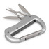 A silver carabiner multi-tool featuring scissors, a knife, and a flathead screwdriver. It has a logo on the handle.