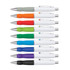 A row of metal pens with white barrels and coloured grips in grey, orange, green, blue, purple, and black. Each has a clip.