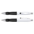A metal pen with a white barrel and black grip, featuring a silver clip and accents. It includes a logo.