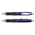 A metal pen in navy blue with black grip and chrome accents, featuring a branding logo.