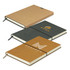 Three soft cover notebooks in tan and dark green, featuring logos and elastic closures, stacked on a white background.