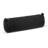 A black cylindrical pencil case with a zip closure and a small grab handle. It features a logo.
