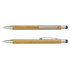 A bamboo stylus pen featuring a silver clip and tip, showcasing a natural wood finish and a sleek design.